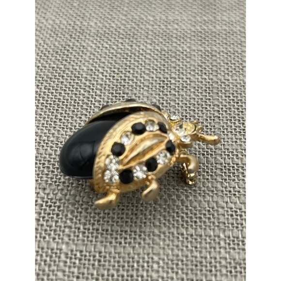 Ladybug Black Gold Tone Brooch Clear Rhinestones 1" - Picture 7 of 11